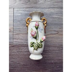 Vintage White Ceramic Vase Gold Handles Pink Rose‎ Bud Embossed Floral Accent